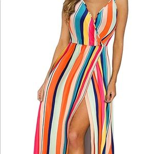 Deep V-Neck Casual Dress Summer Stripe Split
